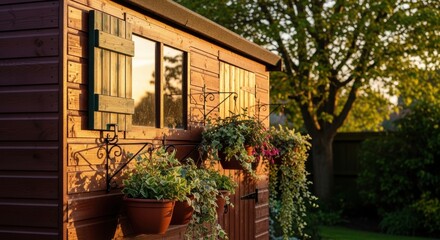 Obraz premium Warmly lit wooden garden shed adorned with hanging plants at golden hour, showcasing natural beauty and outdoor tranquility.