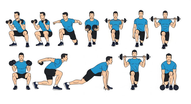 Man Performing Various Weightlifting Exercises and Bodyweight Movements.