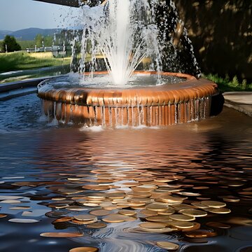 Sparkling water fountain with copper basin, sunlit