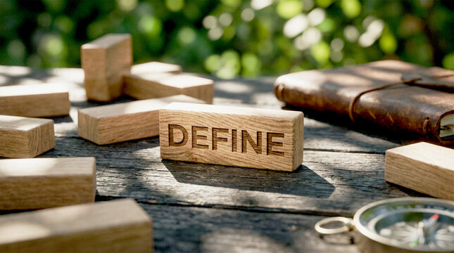 Define Your Path: Define boldly etched on a wooden block amidst a creative setup, with a notepad and compass, representing focus, planning, and goal setting. A captivating visual for business.