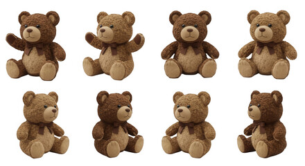 Fototapeta premium eight teddy bears in various poses shot on a white background childrens projects advertising or product mockups