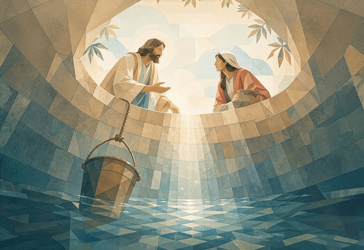 Living Water Biblical Story Jesus and Samaritan Woman at the Well Minimalist Painting. New Testament.