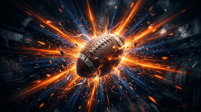 American football ball exploding with intense orange light and energy sparks