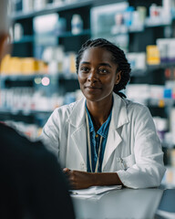 Obraz premium A pharmacist in a white coat attentively consults with a customer in a modern pharmacy setting.