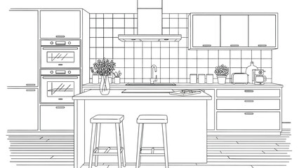 Modern kitchen interior line art coloring page with island counter bar stools appliances and cabinetry in clean contemporary home design illustration style. © hossain