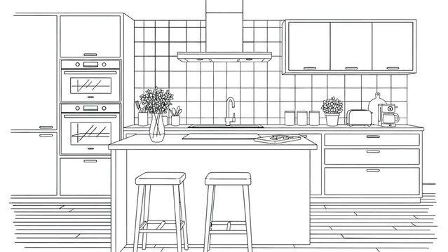 Modern kitchen interior line art coloring page with island counter bar stools appliances and cabinetry in clean contemporary home design illustration style.