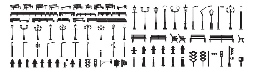 Fototapeta premium Park Bench and Street Fixture Icon Set With Benches Hydrants Lamps and Traffic Lights
