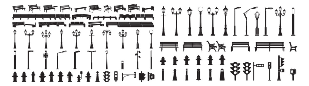 
Park Bench and Street Fixture Icon Set With Benches Hydrants Lamps and Traffic Lights
