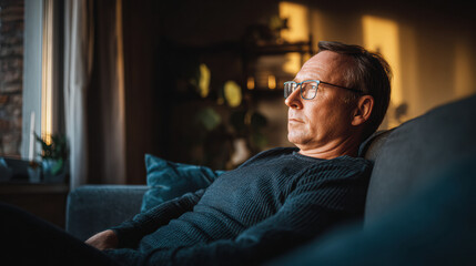 Fototapeta premium A mature man with glasses sits on a couch, gazing thoughtfully out the window in a warmly lit living room.
