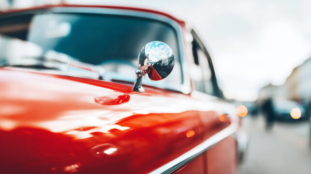 Vintage red classic car showing glossy paintwork and chrome side mirror reflecting a bright sky and urban street scene