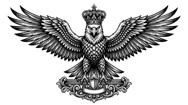 Eagle wings crest with medieval crown and ornate banner engraving emblem for heraldic tattoos and logos