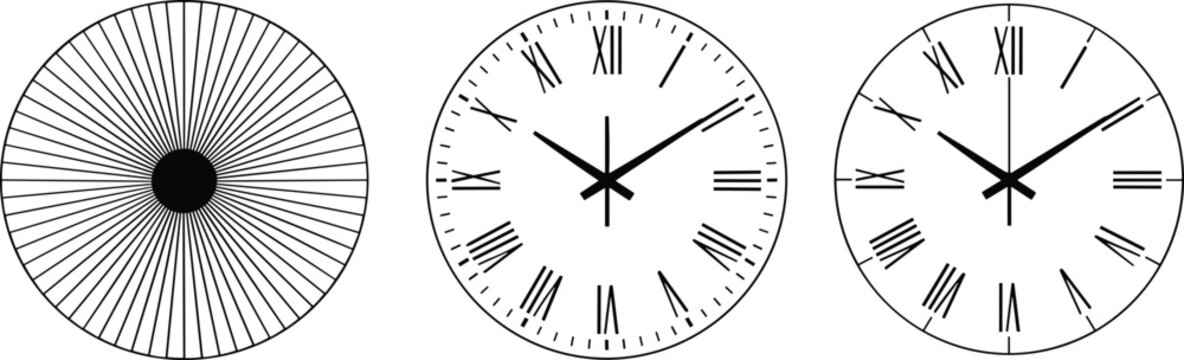 Radial sunburst and Roman numeral clock faces, black circular design illustration for timekeeping, geometry, and creative art projects