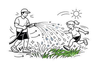 Obraz premium Father and daughter enjoying a playful water fight with a garden hose on a sunny day
