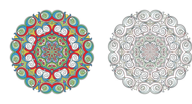 Vibrant Circular Mandala Vector Ornament and Black and White Line Art Version for Adult Coloring Book, Intricate Floral Geometric Pattern for Meditation and Yoga Background