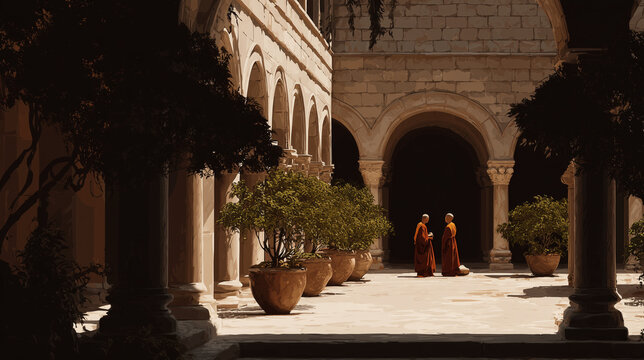 Two buddhist monks with alms bowl in sunlit stone cloister courtyard lined with terracotta pots, stylized painting