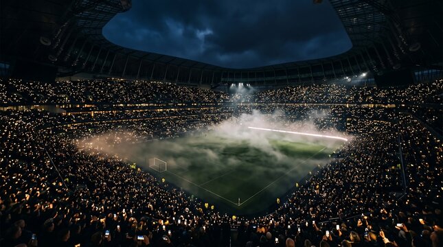 Spectacular night view of a crowded football stadium filled with fans