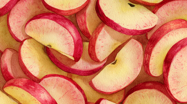 Watercolor illustration of apple slices in full frame composition, dense overlapping sliced apples with soft red and yellow tones and fresh natural texture, ideal for vibrant food background.