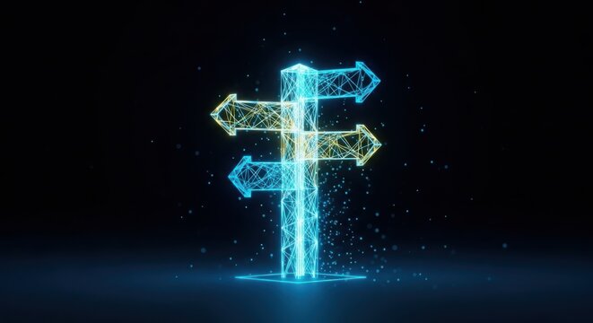a glowing blue and yellow signpost with multiple arrows illustration