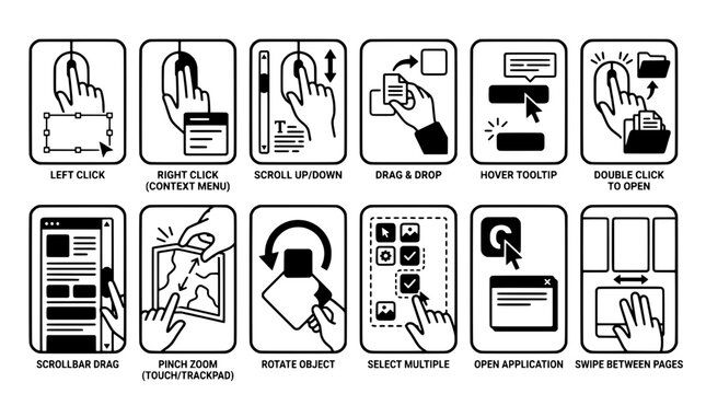 Cursor hand icon set for UI interactions, left click right click drag drop hover tooltip scroll and selection actions on screens