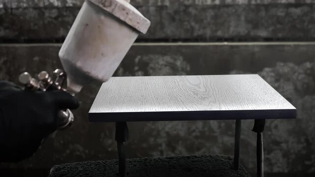 Close up of worker spray painting wooden furniture panel in factory during furniture finishing and coating process.