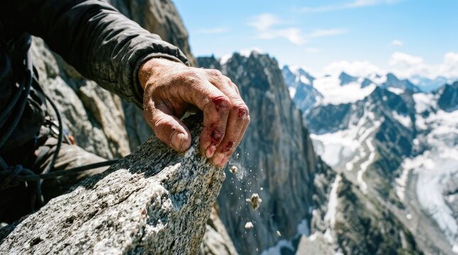 Close-up of a climber's bloodied hand gripping a rough rock ledge with fragments falling, set against a backdrop of majestic snow-capped mountain peaks and blue sky, symbolizing struggle and determina