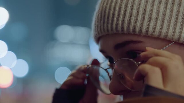 Caucasian student adjusts glasses at night urban bokeh backdrop, reflective eyes, knit beanie, warm coat, cinematic close profile, thoughtful expression, soft light, night city atmosphere