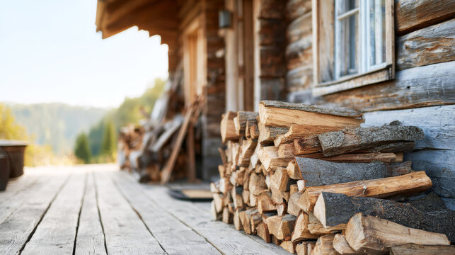 Chopped firewood stacked on a wooden porch of a rustic cabin, preparing for cold weather, natural living concept