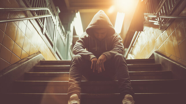 Depressed young boy sitting alone on subway station steps, experiencing loneliness, sadness, and urban isolation