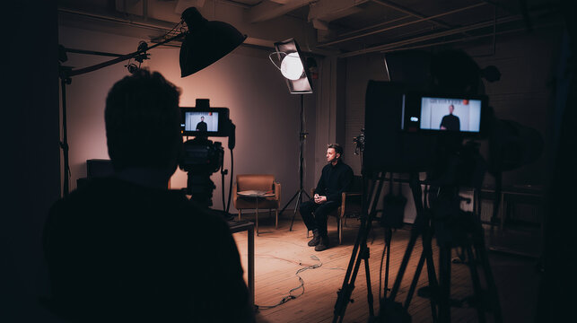 Professional production team filming an interview in studio, recording video content for TV broadcast or online media