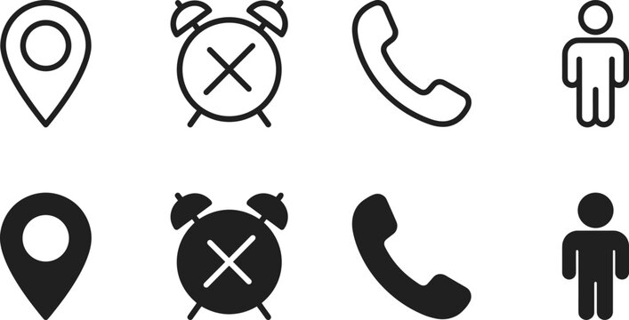 Basic UI UX interface icon set featuring location pin, phone, user profile, and alarm clock in outline and solid styles