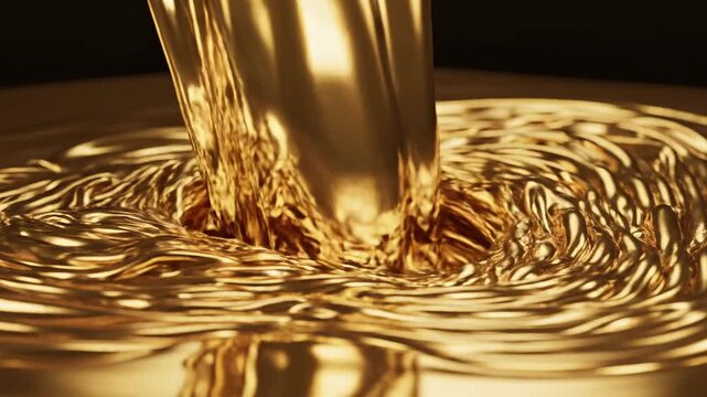 Luxurious liquid gold streams into a swirling pool, creating mesmerizing ripples and luminous reflections that convey wealth, prestige, and precious liquid asset flow in a dramatic, visually