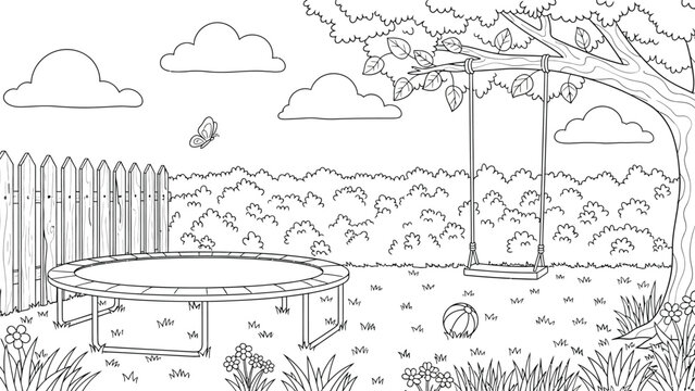 Coloring page of backyard garden featuring large trampoline swing hanging from tree wooden fence clouds butterfly and soccer ball for children activities.