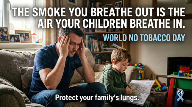 A concerned father covering his face with his hands sits next to his child in a living room, World No Tobacco Day poster promoting family lung health protection.
