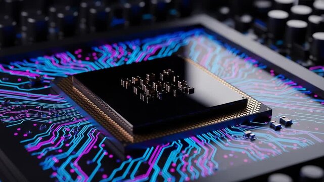 Hightech computer processor chip with glowing neon circuit board