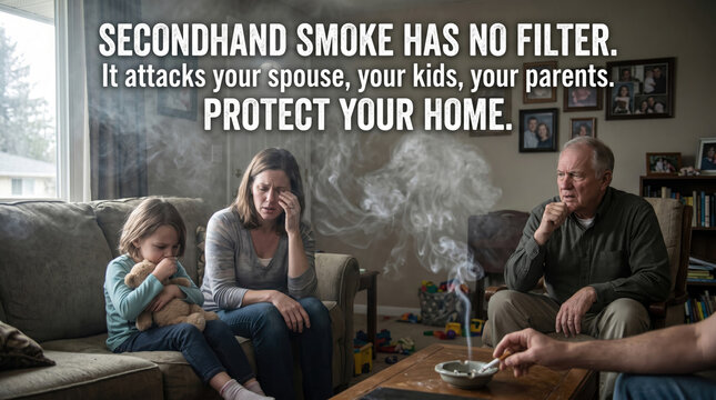 Family exposed to secondhand smoke sitting in living room with smoker, health risks and protection concept.
