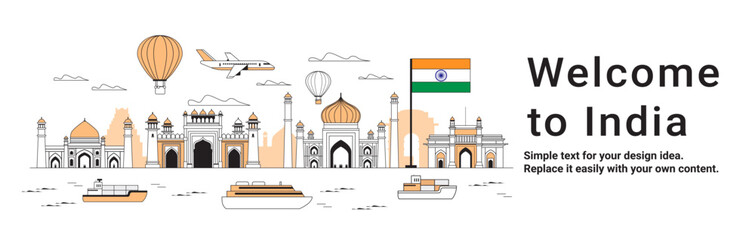 Naklejka premium India travel destination landmarks skyline with famous monuments hot air balloons airplane ships Indian flag modern cityscape tourism concept banner