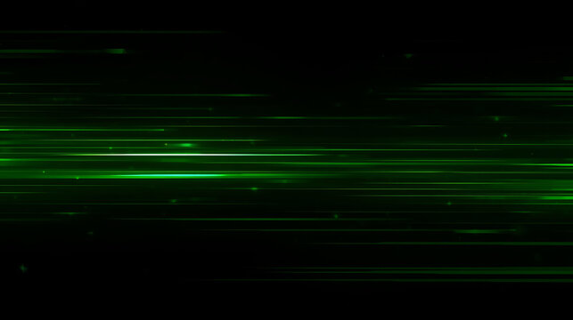 Futuristic Green Light Streaks in Motion on Black Background