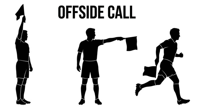 Soccer referee signals offside call with flag during a game on white background
