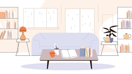 Living room interior modern cozy home workspace sofa coffee table bookshelves lamp plant pastel color palette minimal flat design © mast3r
