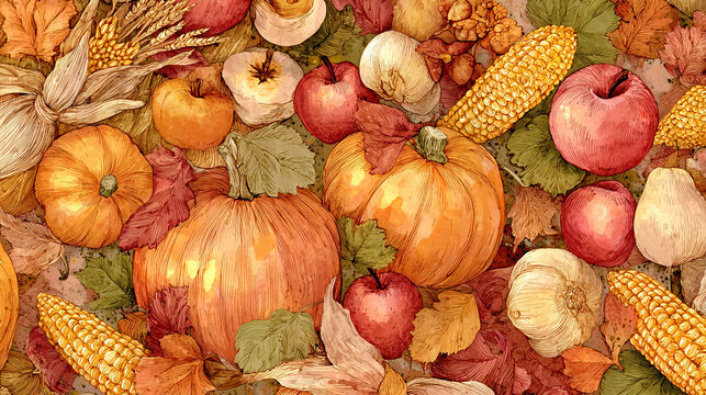Watercolor illustration of autumn harvest ingredients in full frame composition, dense overlapping pumpkins, apples, corn and leaves with warm orange and brown tones.