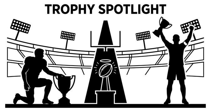 American football players with trophies under stadium lights celebrating victory
