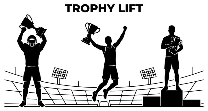 Athletes celebrate victory lifting trophies on a stadium podium during a sporting event
