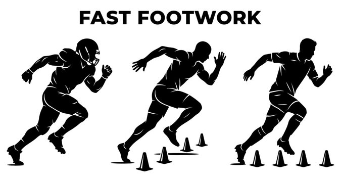 Athletes performing agility drills with cones in silhouette for sports training and speed development