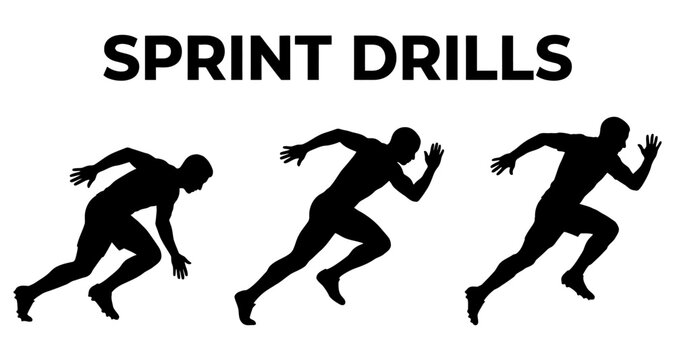 Athletes performing sprint drills on a white background with clear copy space for text