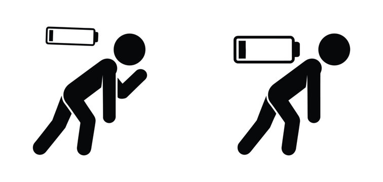 Burnout icon with Low Battery stickman and brain on fire representing emotional stress work pressure and mental exhaustion concept.