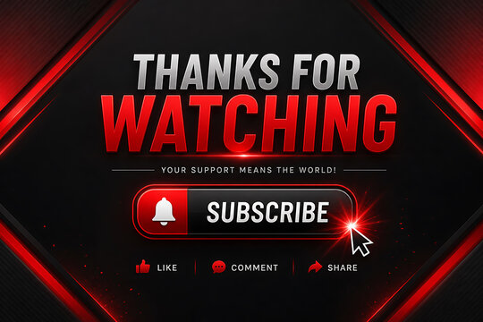 A vibrant thanks-for-watching graphic features a subscribe button on a sleek black background with red accents and a notification bell icon.