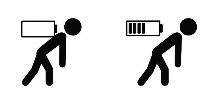 Burnout icon with Low Battery stickman and brain on fire representing emotional stress work pressure and mental exhaustion concept.
