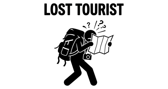 Confused backpacker reading a map in isolation symbolizing travel problems and disorientation