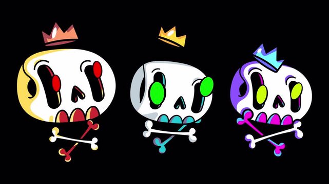 Cute Halloween cartoon skulls with crowns and crossbones animated loop pack, 4K