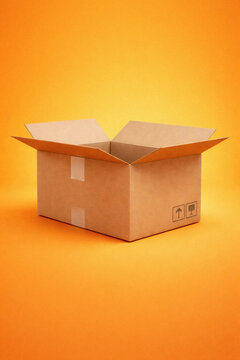 Open Cardboard Shipping Box on Orange Background - Modern Blank Packaging and Delivery Concept
